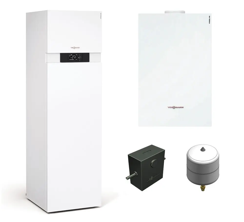 Viessmann-Wärmepumpenset mit einem vertikalen weißen Gerät, einem kompakten weißen Kessel und zwei kleinen Zubehörteilen auf hellem Hintergrund.