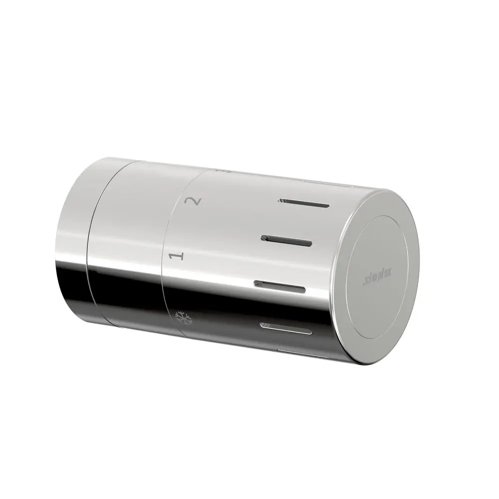 Design-Thermostatkopf in metallischer Optik mit zwei Einstellpositionen, Hersteller Flamco, geeignet für Heizungsanwendungen.