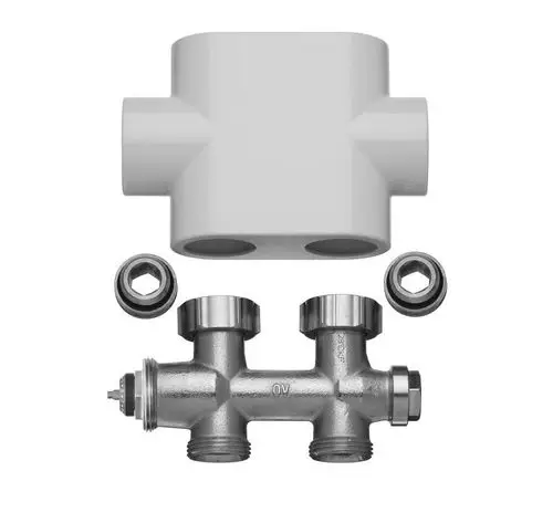 Kermi-Ventilhahnblock in Durchgangsform, bestehend aus einem weißen Kunststoffteil und einem Metallventil mit zwei Anschlüssen für die Regelung des Durchflusses.