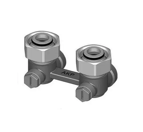 Zweirohrarmatur in Eckform, aus Metall, mit zwei Anschlüssen. Produkt von Kermi, geeignet für Heizungsinstallationen und Rohrverbindungen.