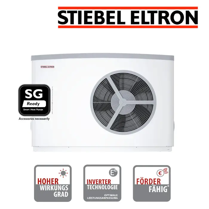 Wärmepumpe mit separatem Ventilator von Stiebel Eltron, in weißer Farbe, montiert an einer Wand, mit einem SG Ready-Symbol und verschiedenen technischen Informationen darunter.