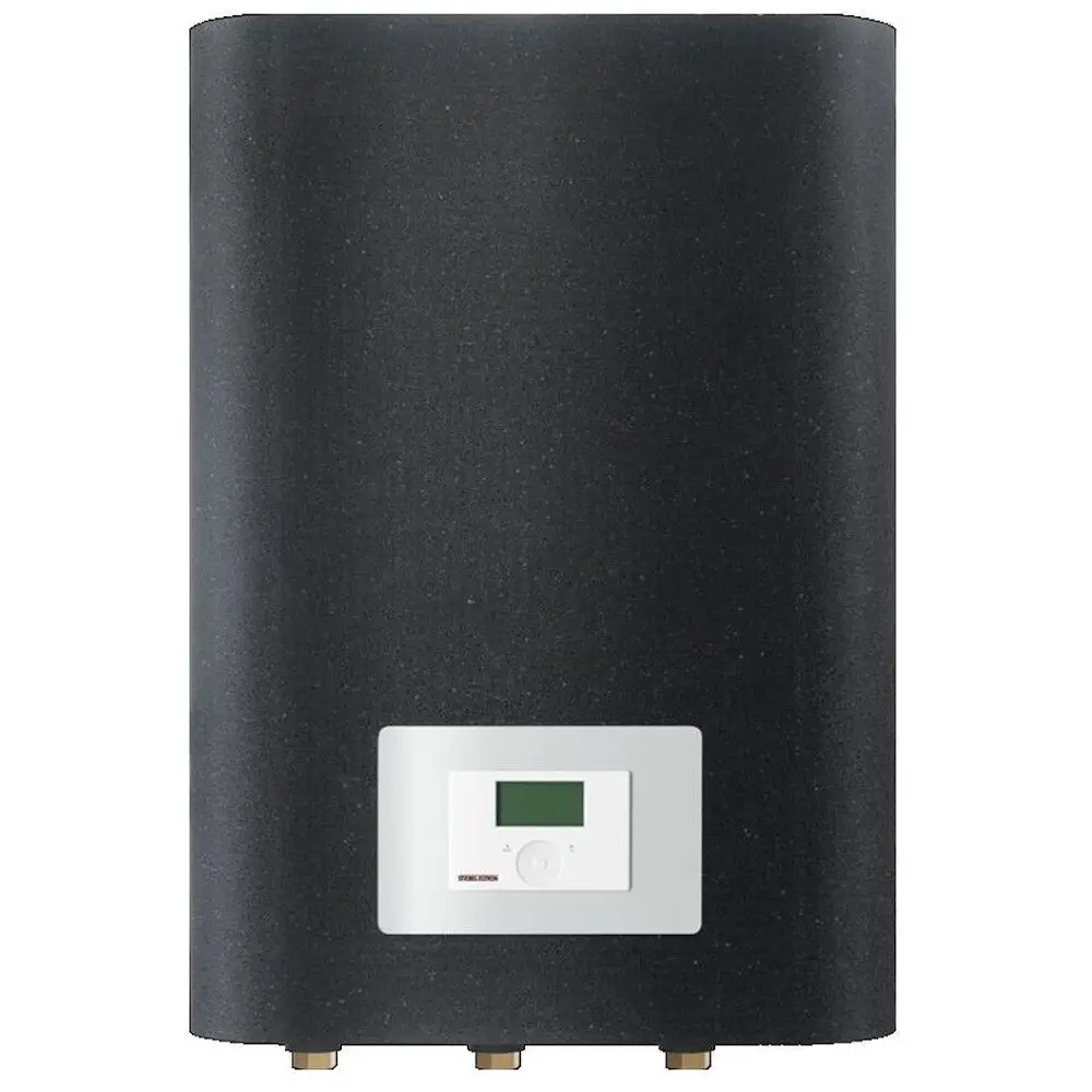Schwarzes Hydraulikmodul von Stiebel Eltron mit digitalem Display und Anschlüssen an der Unterseite, geeignet für Heiz- und Warmwassersysteme.