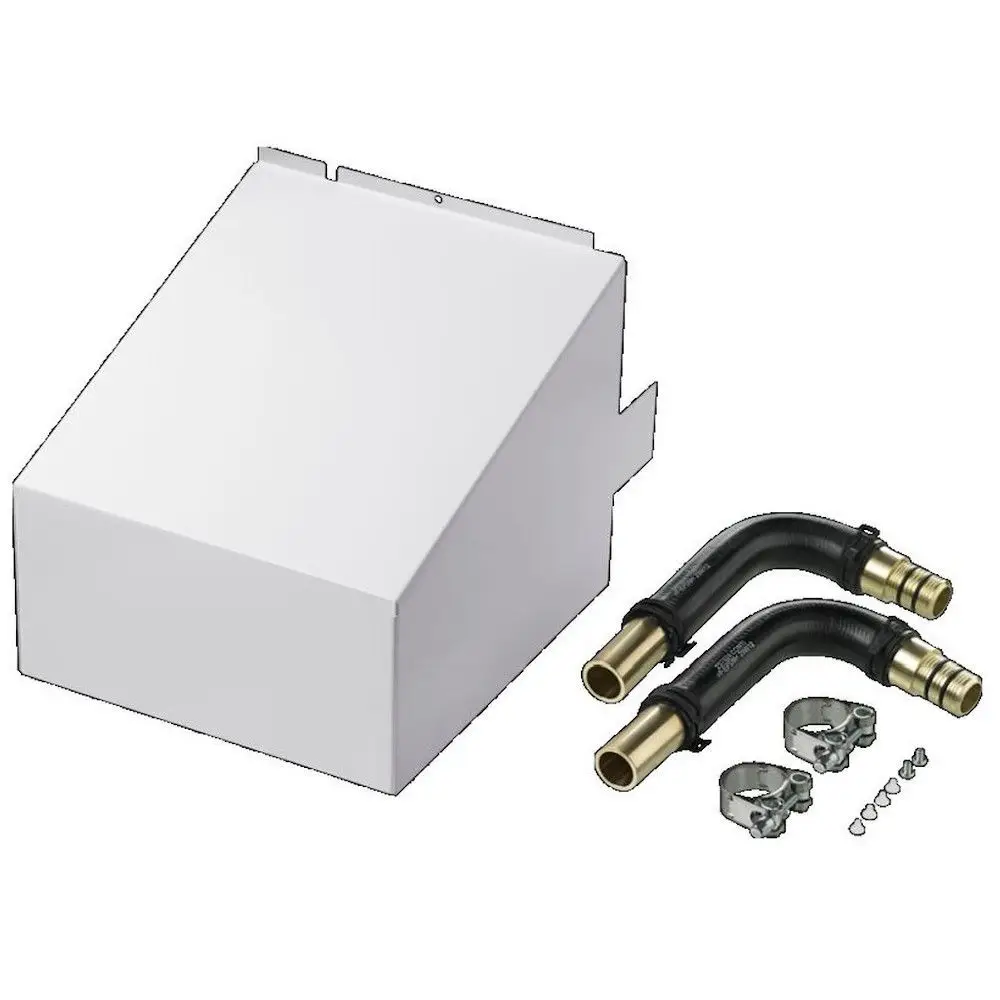 Stiebel Eltron Wandkonsole mit einem weißen Metallgehäuse, zwei gebogenen schwarzen Schläuchen mit Messinganschlüssen und zwei Schlauchschellen zur Befestigung.
