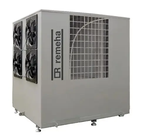 Luft-Wasser-Wärmepumpe von Remeha mit vier Ventilatoren und einem Gitterdesign zur Luftzirkulation, geeignet für Heizungsanwendungen.