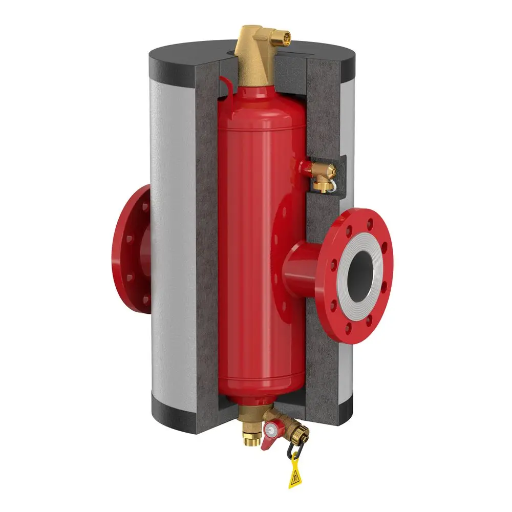 Rotlackierter Druckbehälter mit Isolierung, Anschlüssen und Ventilen, typischer Anwendung im Heizungsbereich, hergestellt von Flamco.