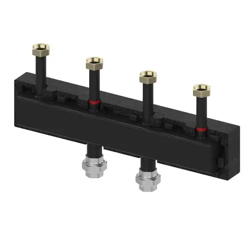 Verteilerbalken von Flamco mit mehreren Anschlüssen und verschiedenen Verbindungselementen, geeignet für Heizsysteme bis zu einer Leistung von 100 kW.