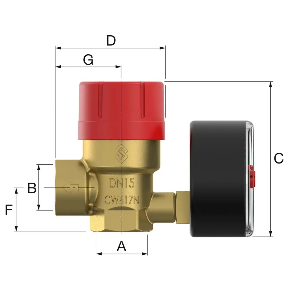 Sicherheitsventil von Flamco mit rotem Kopf und seitlichem Manometer, strukturiert mit mehreren Anschlussgrößen und Kennzeichnungen.