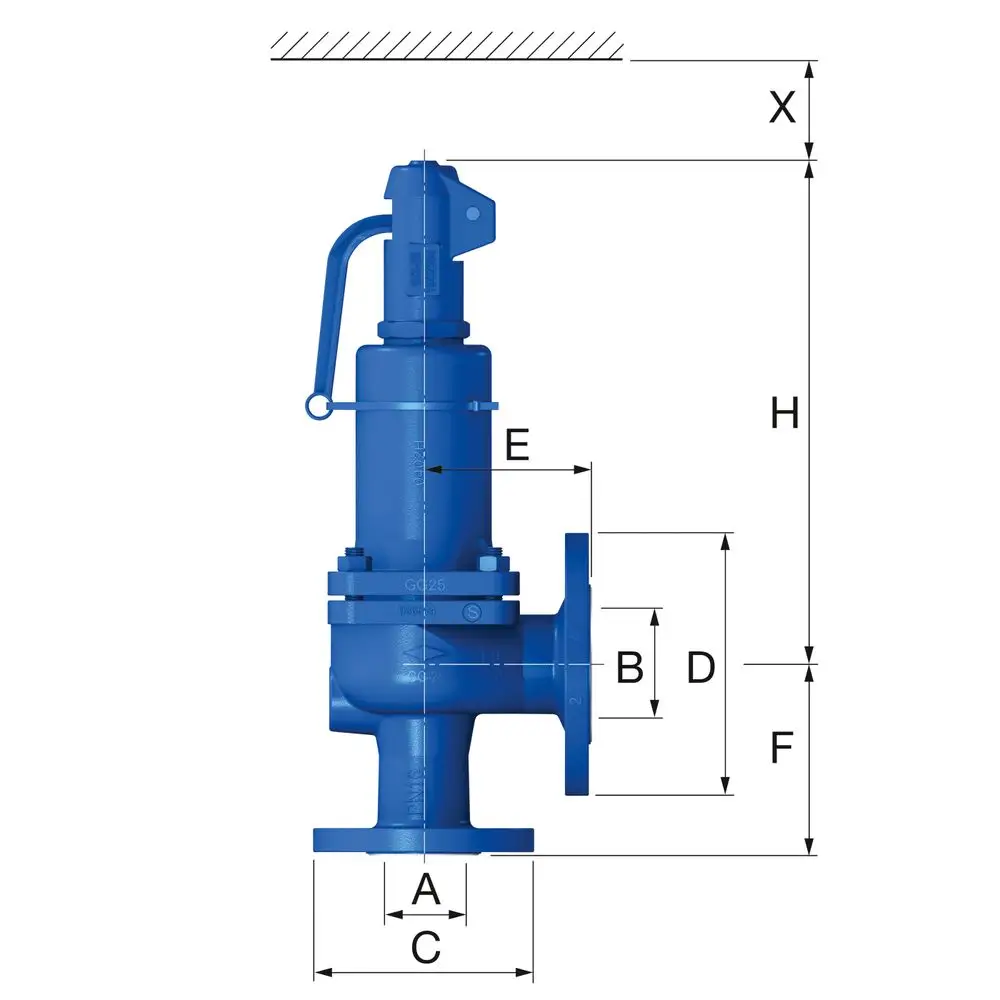 Flansch-Sicherheitsventil in blau von Flamco mit klaren Dimensionen, bestehend aus mehreren Anschlussflanschen und einer Griffvorrichtung zur sicheren Handhabung.