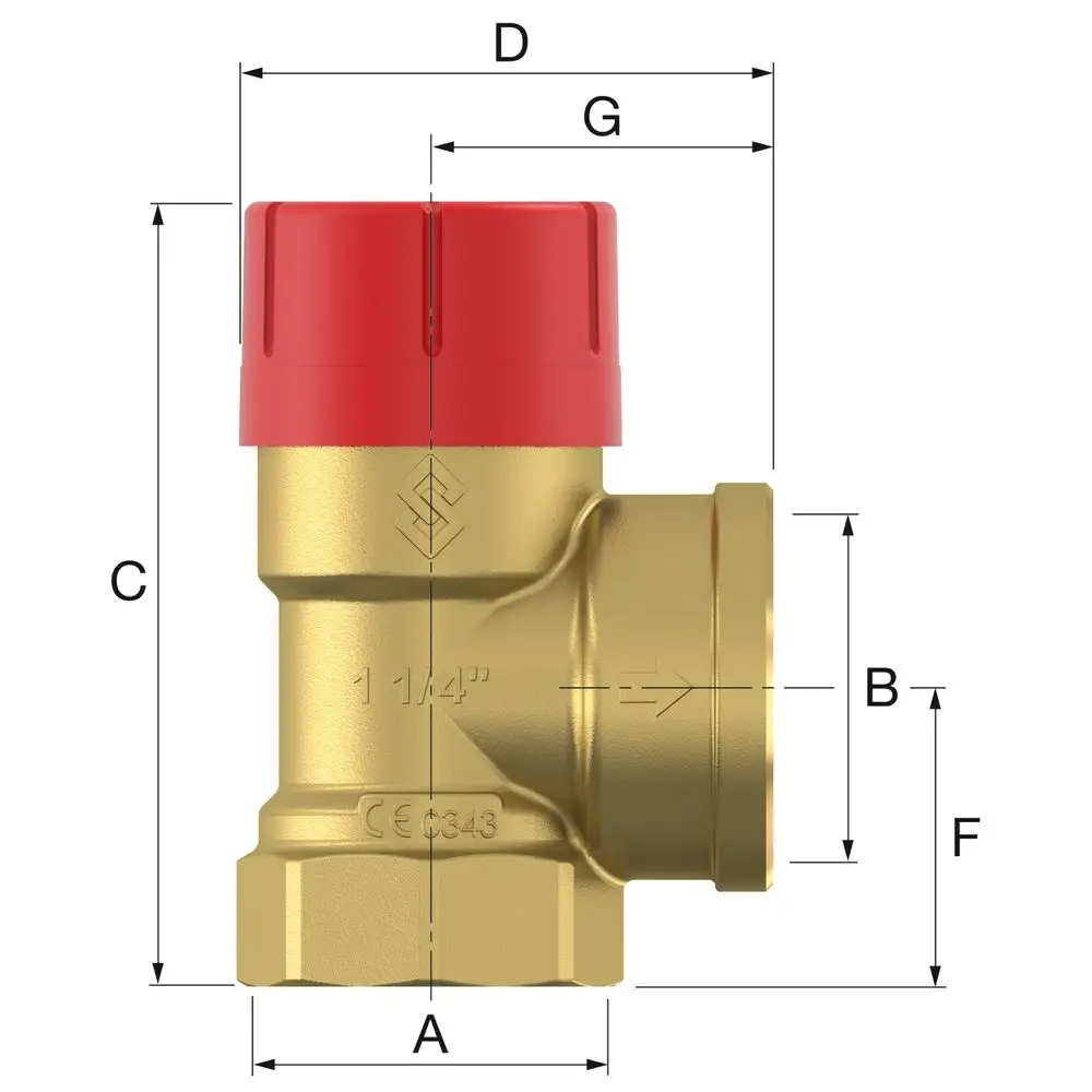 Sicherheitsventil aus Messing mit rotem Deckel und mehreren Anschlussmöglichkeiten, gefertigt von Flamco, abgebildet in Seitenansicht mit Maßangaben.