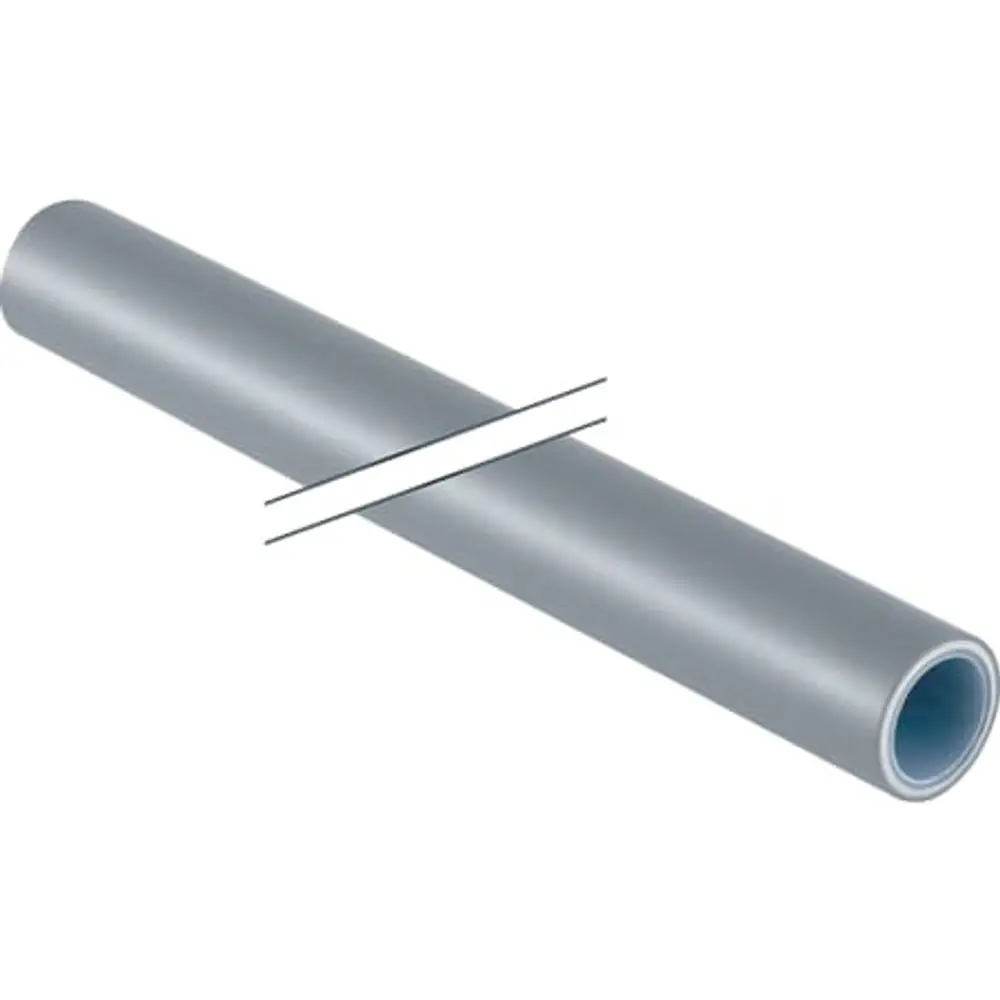 Graues Rohr mit glatter Oberfläche, mittig durchgeschnitten. Es handelt sich um ein Geberit PushFit-Systemrohr.