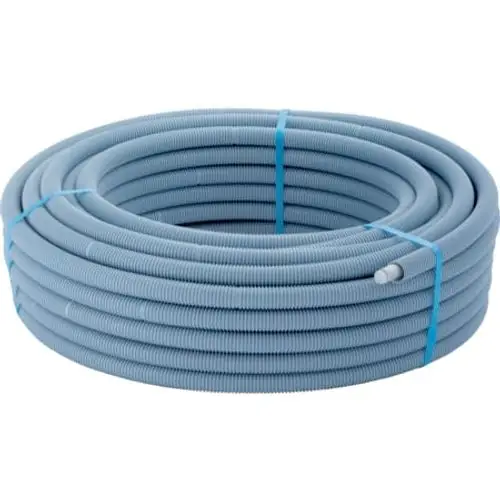 Ein blauer Kunststoffschlauch, spiralförmig gewickelt, mit blauen Bändern zur Befestigung, geeignet für Versorgungssysteme.