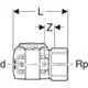 Geberit FlowFit Übergang mit Innengewinde, dargestellt in schematischer Ansicht. Diagramm zeigt Maße und Struktur ohne spezifische Zahlenangaben.