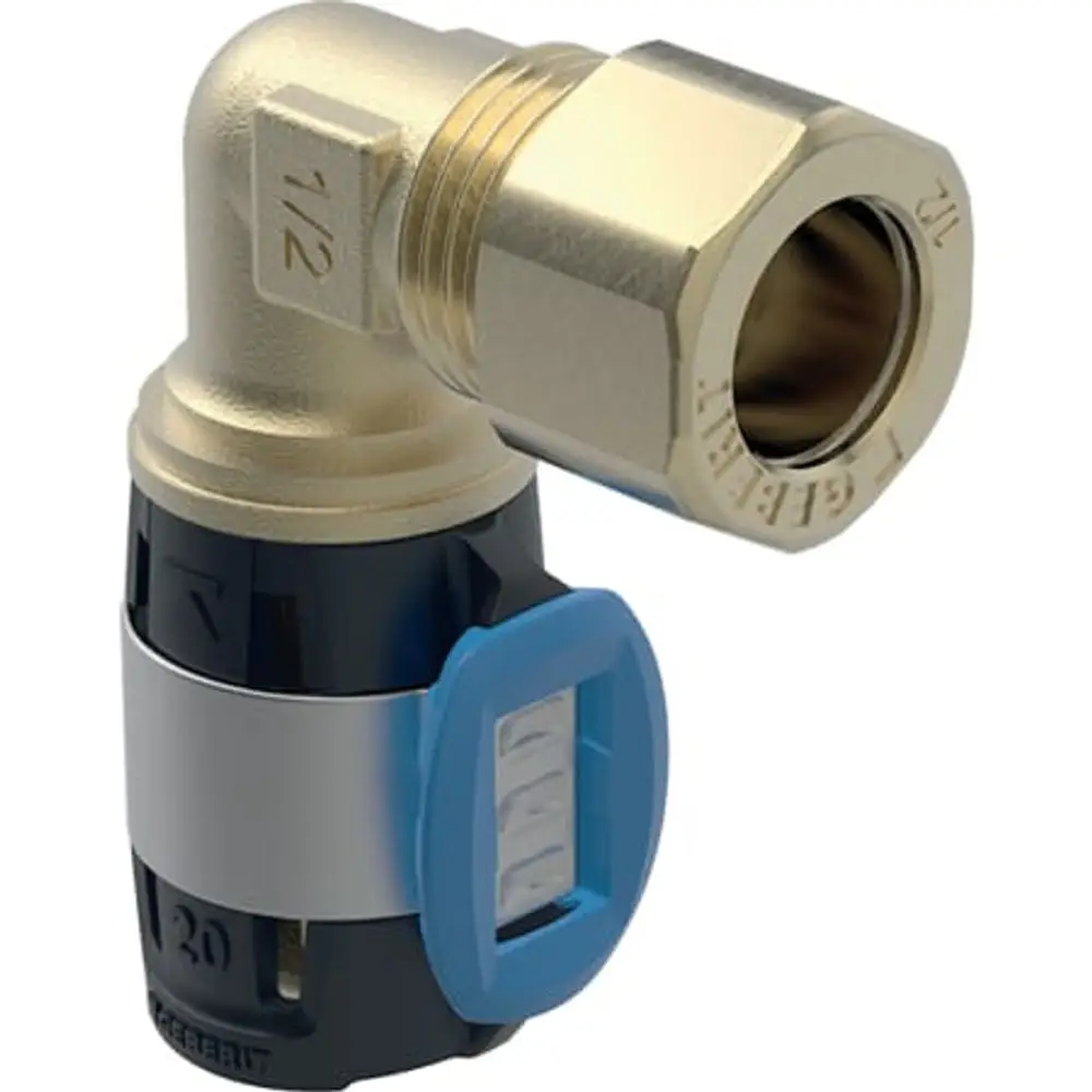 Geberit Übergangswinkel mit Klemmringverschraubung, angewinkelt, aus Metall und Kunststoff, zur Verbindung von Rohren in hydraulischen Systemen.