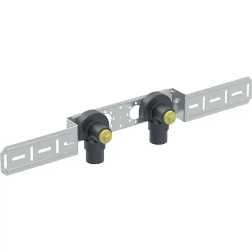 Zweifacher Geberit Anschlusswinkel mit gedämmten Armaturen, montiert, in einem kompakten Design, geeignet für die Verwendung in Heizungs- oder Sanitärinstallationen.