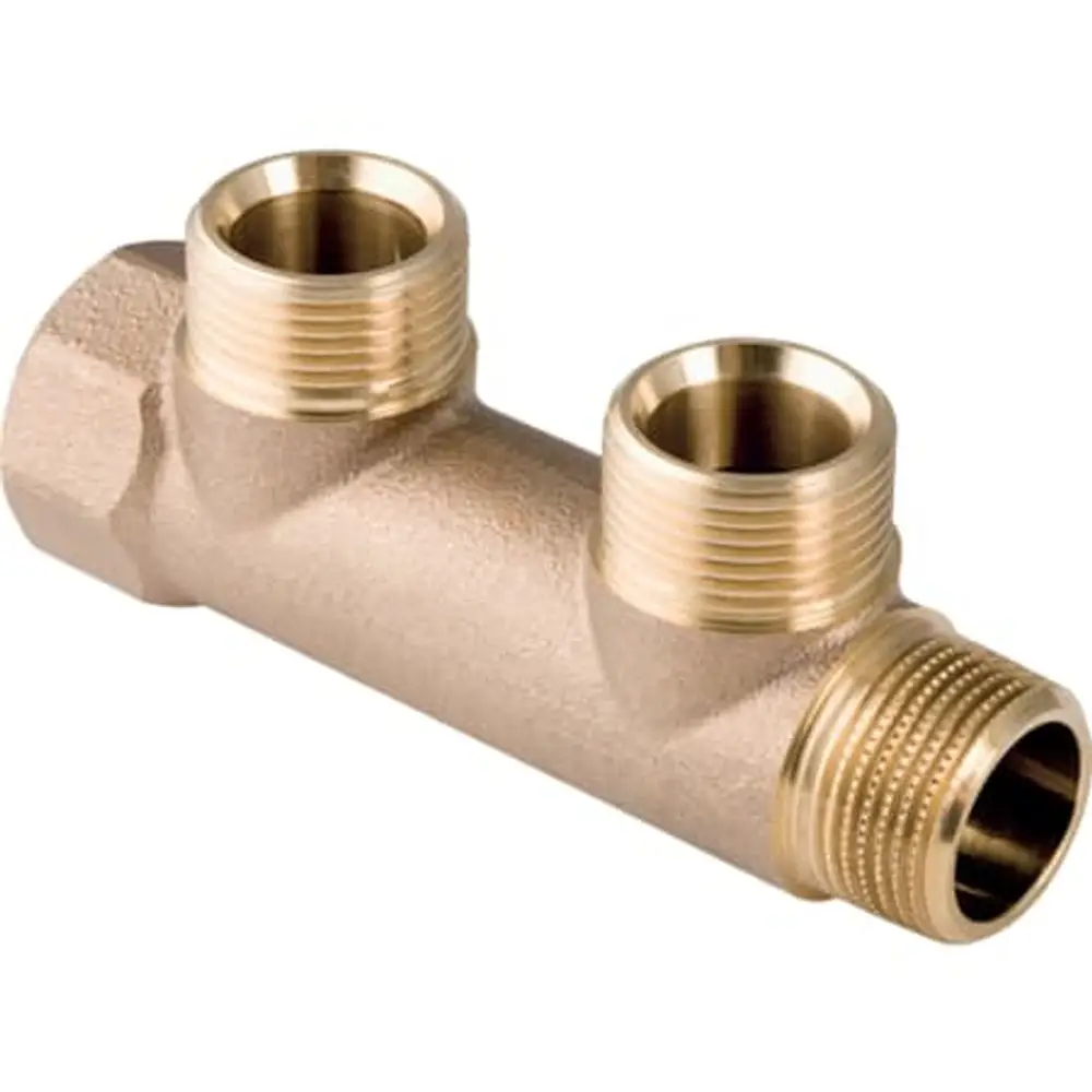 Verteiler mit Gewindeanschluss und zwei Abgängen, hergestellt von Geberit. Das Produkt zeigt einen glatten, metallischen Körper mit klaren Gewindeanschlüssen.