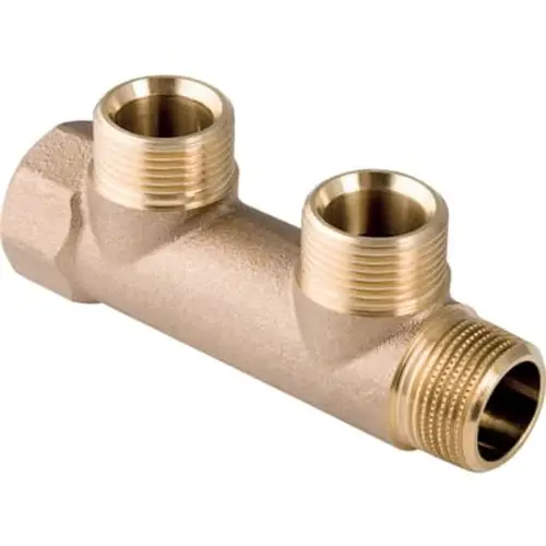 Verteiler mit Gewindeanschluss und zwei Abgängen, hergestellt von Geberit. Das Produkt zeigt einen glatten, metallischen Körper mit klaren Gewindeanschlüssen.