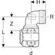 Geberit Übergangsbogen mit Außengewinde, 90 Grad, zeigt Maße und Konstruktion für Rohrverbindungen. Diagramm mit den Abmessungen H, R, L, Z und d.