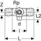 Geberit Anschlusswinkel mit 90°-Biegung, ausgestattet mit verschiedenen Anschlussmöglichkeiten. Darstellungen von Abmessungen und Gewindearten sind im Diagramm sichtbar.