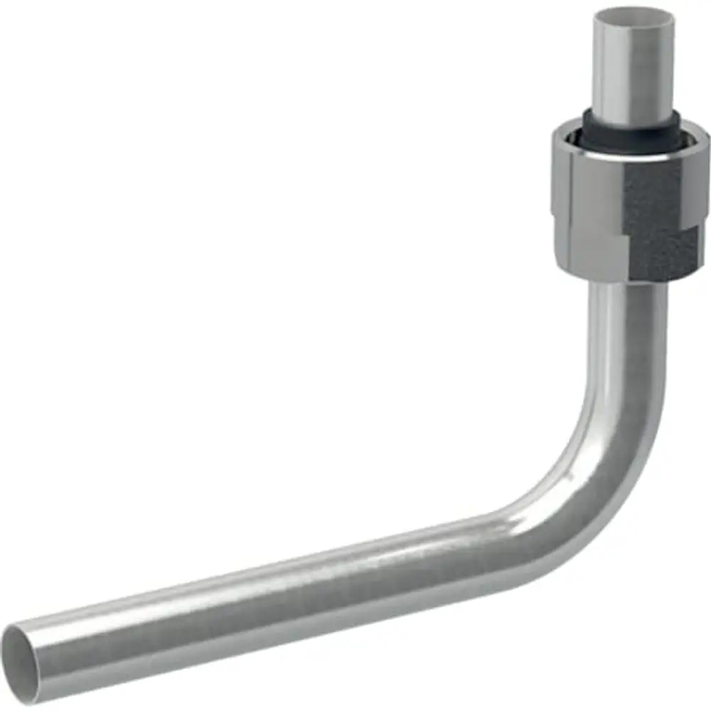 Metallrohr-Passbogen mit Anschlussverschraubung, designed für Eurokonus, geeignet für Geberit-Systeme, zeigt eine 90°-Krümmung.