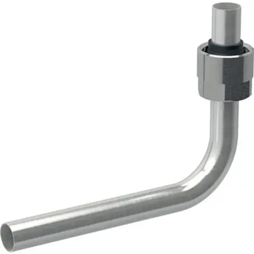 Metallrohr-Passbogen mit Anschlussverschraubung, designed für Eurokonus, geeignet für Geberit-Systeme, zeigt eine 90°-Krümmung.