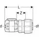 Geberit Verschraubung zur Verbindung von Rohren, mit schematischer Darstellung von Maßen und Anschlüssen. Geeignet für PEX-Rohre.