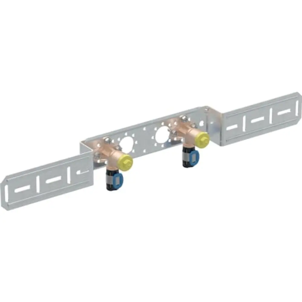 Montierte Verbindungseinheit aus Metall mit zwei Anschlüssen und Halterungen, geeignet für Rohrinstallation, hergestellt von Geberit.