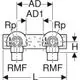Geberit Anschlusswinkel mit zwei Armaturen und Außengewinde, Verbindungselement zur Rohrinstallation, schematische Darstellung der Maße in einer technischen Zeichnung.