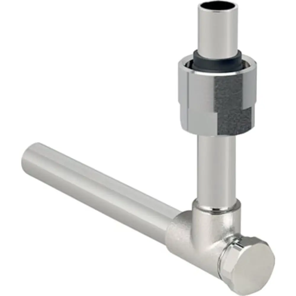 FlowFit Metallrohr-Passwinkel in 90°-Form mit Anschlussverschraubung für Eurokonus. Einsatz in Rohrleitungssystemen von Geberit zur Verbindung und Absperrung.