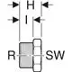Stopfen mit Außengewinde, dargestellt mit Schaltzeichen für Elektronik und einer schematischen Darstellung, zum Einsatz in Geberit-Systemen.
