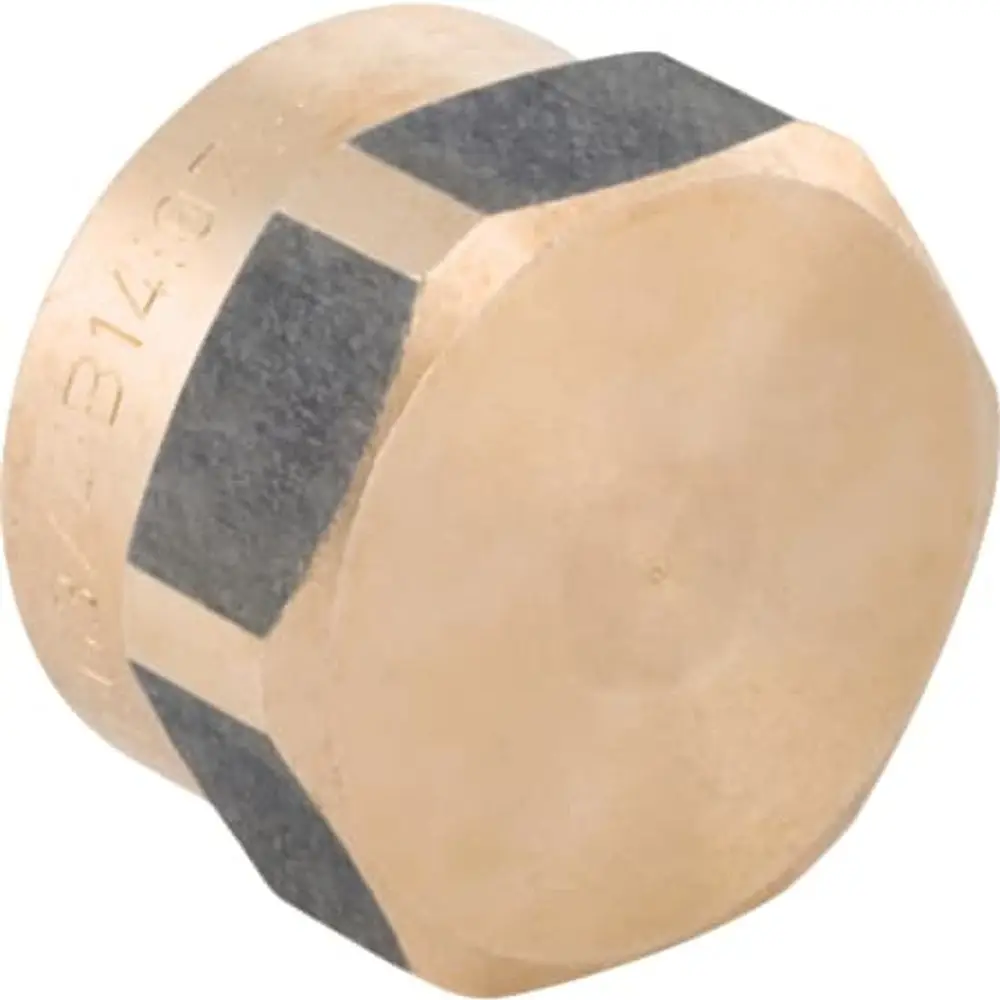 Kappe mit Innengewinde in Bronze, mit hexagonalem Kopf und glatter Unterseite, hergestellt von Geberit. Ideal für Rohrverbindungen und Abdichtungen.