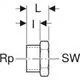 Kappe mit Innengewinde, dargestellt in technischem Schema, mit Beschriftungen und Symbolen, die in der Installation verwendet werden, möglicherweise von Geberit.