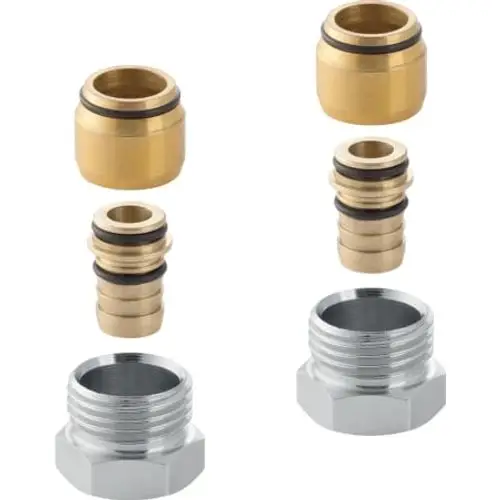 Set mit verschiedenen Anschlussverschraubungen aus Metall, bestehend aus Messing- und verchromten Teilen, geeignet für Anwendungen von Geberit.