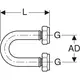 FlowFit Abpressschlaufe mit zwei Eurokonusverschraubungen, diagrammatische Darstellung der Abmessungen und Anschlüsse in technischer Zeichnung von Geberit.