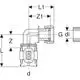 Geberit Übergangsbogen mit Überwurfmutter, 90°-Bogen. Das Diagramm zeigt Maße, Anschlüsse und Dimensionen schematisch.