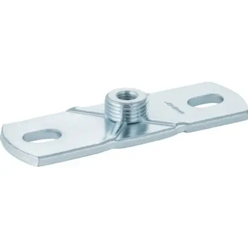 Rechteckige Anschlussplatte von Geberit mit zwei Löchern und Gewindemuffe. Das Produkt ist aus Metall und eignet sich für Montagezwecke.