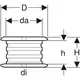 Geberit Rohrschelleneinlegeschale mit gerippter Oberfläche, Außendurchmesser und Innendurchmesser zur präzisen Montage. Abmessungen und Details schematisch dargestellt.