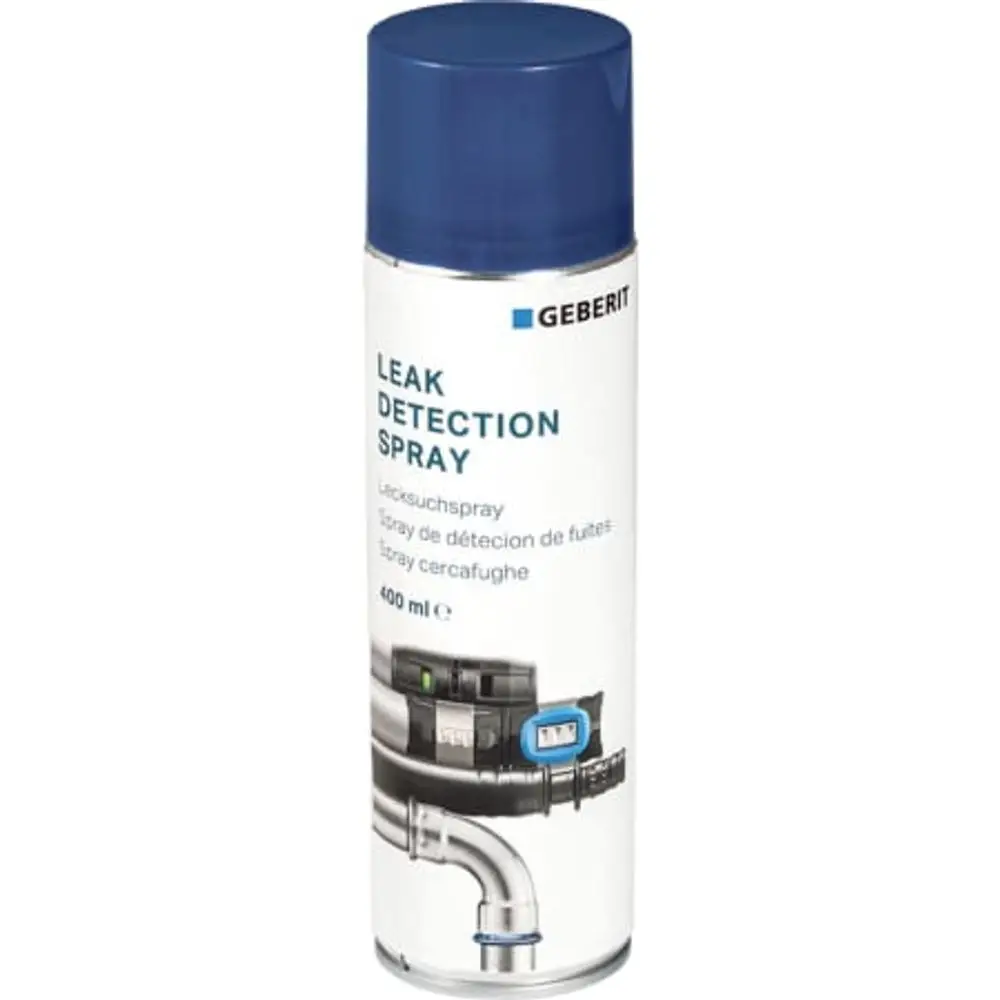 Spraydose mit Leak Detection Spray von Geberit zur Lecksuche, sichtbar ist der blaue Deckel und die grafische Darstellung eines Rohrsystems auf dem Etikett.