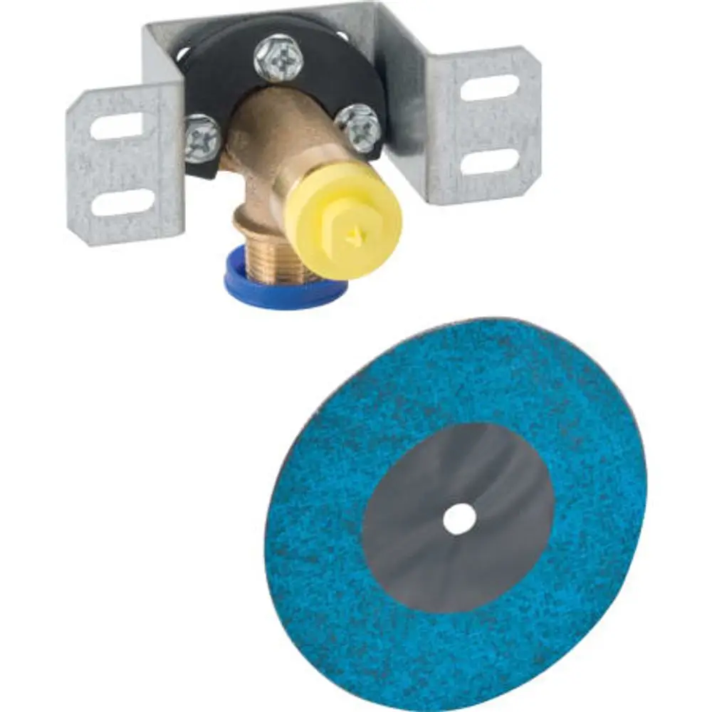 Mapress Anschlusswinkel mit Außengewinde in einer stabilen Halterung, kombiniert mit einer blauen Scheibe. Produkt von Geberit.