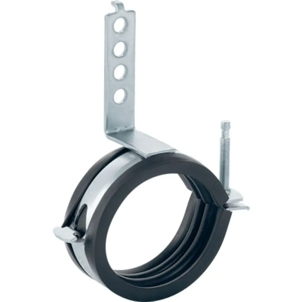 Montageplatte mit Halterung für Ablaufrohr von Geberit. Inklusive Schraube und Spannmechanismus zur Befestigung. Robuste Konstruktion für sichere Rohrfixierung.