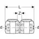 Schematische Darstellung einer Kupplung mit Zuleitungen, versehen mit Maßangaben. Die Kupplung ist von Geberit und zeigt die Anordnung der Bauteile.