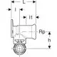 T-Anschlusswinkel von Geberit in 90°-Position, mit einem abgesetzten Design. Grafische Darstellung mit Maßen und Anschlussdetails.