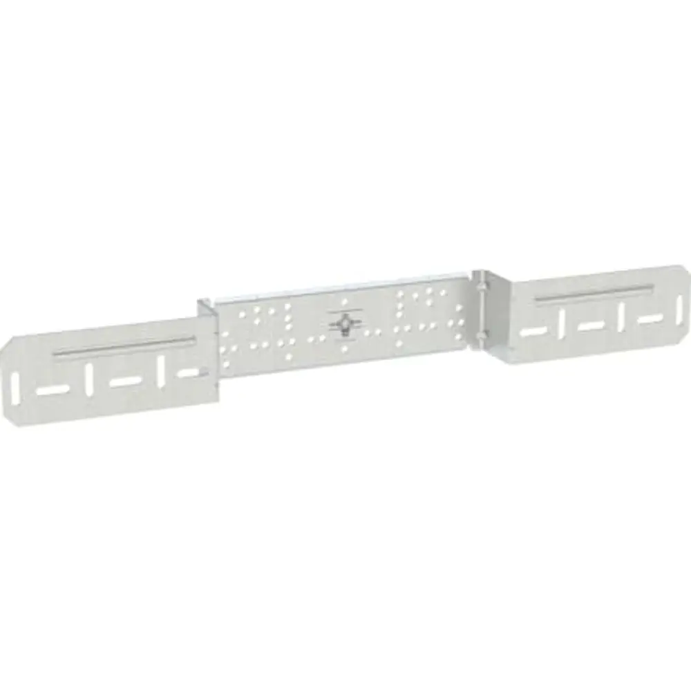 Monatgeplatte von Geberit mit zwei Armlehnen, mittig ausgerichtet, und verschiedenen Bohrungen zur Installation. Designed für flexible Anschlussabstände.