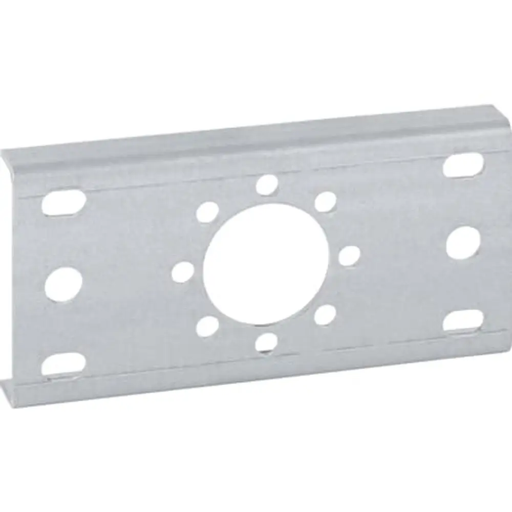 Montageplatte von Geberit aus Metall mit mehreren Bohrungen und einem zentralen Durchlass, geeignet zur Verbindung und Befestigung von Bauteilen.