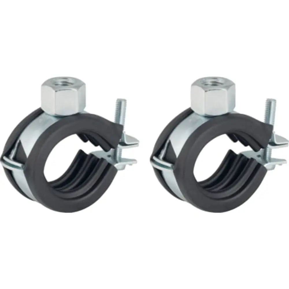 Geberit Rohrschellen aus Metall mit gummierter Innenfläche zur Befestigung von Rohren. Zwei Stück, jeweils mit Schraube und Mutter zur sicheren Montage.