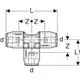 PushFit T-Stück von Geberit mit mehreren Anschlüssen, skizziert im technischen Diagramm mit Maßangaben für Längen und Durchmesser.