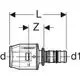 Push-Fit-Übergangsstück von Geberit mit zwei Anschlüssen. Technische Zeichnung zeigt Maße und Anschlussdetails. Ideal für Rohrsysteme.