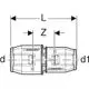 Geberit Produktillustration eines Rohrverbinders mit zwei Anschlüssen. Maße und Spezifikationen sind schematisch dargestellt.