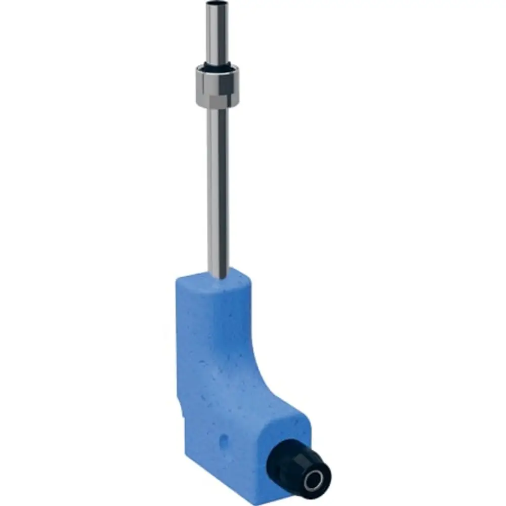 PushFit Metallrohr-Anschlussbogen mit Dämmbox und Anschlussverschraubung, gefertigt von Geberit, in blauer Farbe, präsentiert mit einem vertikalen Aufsatz und einer seitlichen Verbindung.
