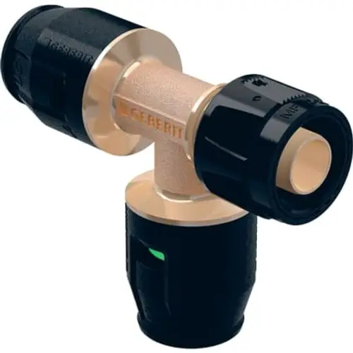 PushFit Übergangs-T-Stück von Geberit, mit MasterFix, in kompaktem Design. Zwei Anschlüsse für Rohre, die der flexiblen Anbindung dienen.