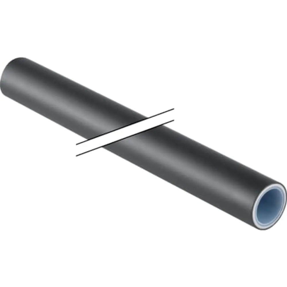 Schwarzes Rohr mit glatter Oberfläche, horizontal liegend, mit einem Schnittmarkierung in der Mitte. Geberit Produkt zur Verwendung in Rohrleitungssystemen.